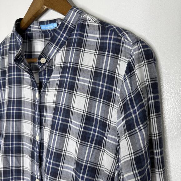 J McLaughlin Shirt Womens Large Navy Blue White Plaid Tunic Band Collar Pockets - Picture 2 of 8